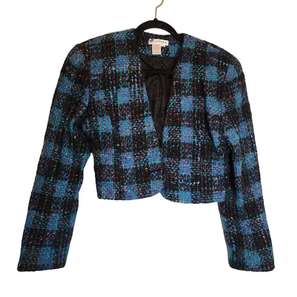 Vintage Cropped Tweed Jacket Ann Taylor Jewel Plaid Jacket Tweed Vivid - Picture 2 of 11